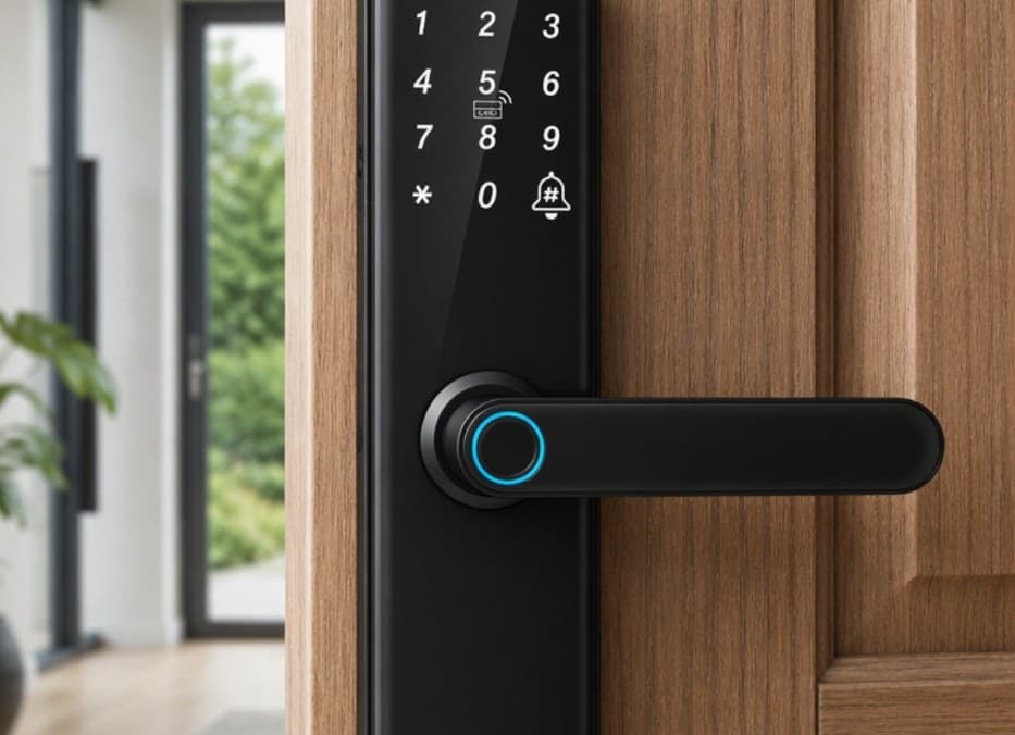 Serrure connectée posée sur une porte : clavier, badge et empreinte.